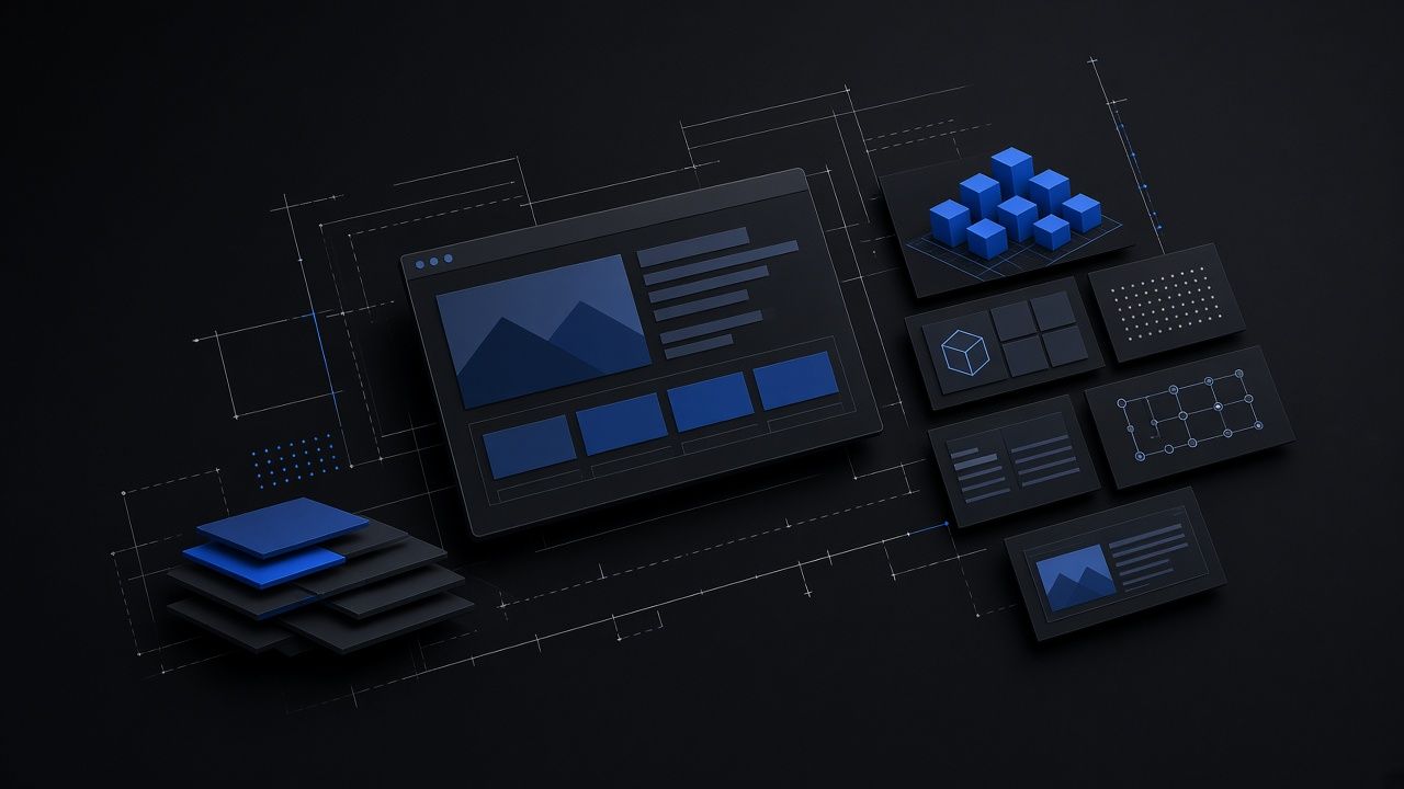Modular website screens and planning layers illustrating website redesign scope and cost