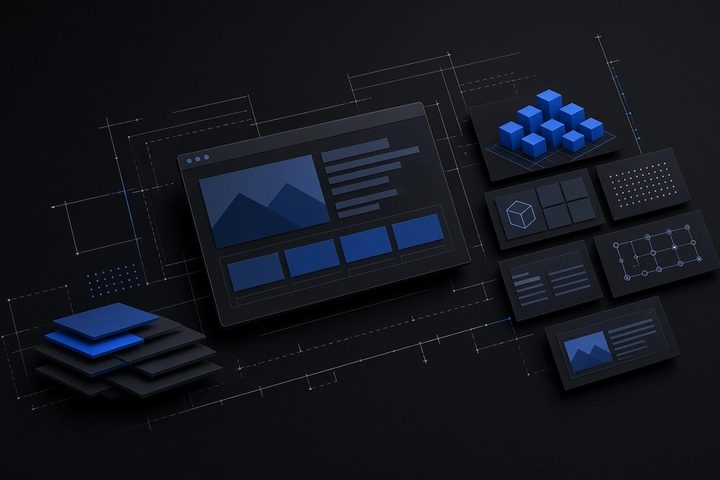 Modular website screens and planning layers illustrating website redesign scope and cost
