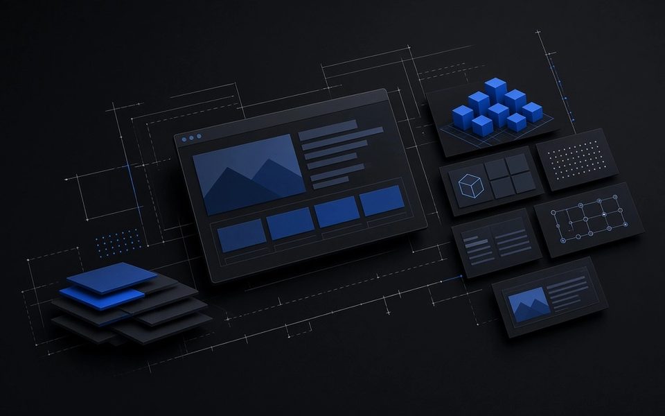 Modular website screens and planning layers illustrating website redesign scope and cost