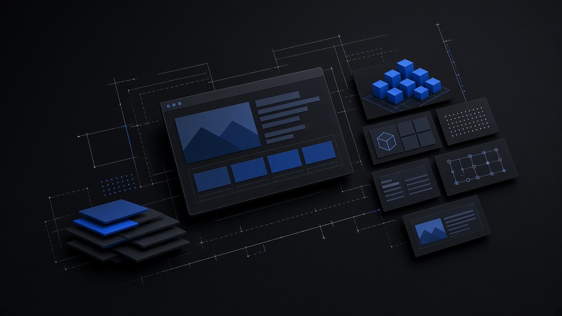 Modular website screens and planning layers illustrating website redesign scope and cost