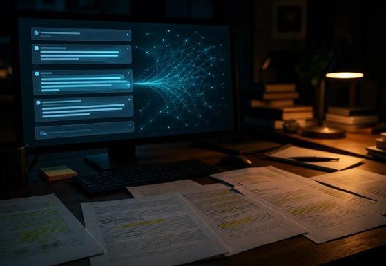 Plain notebook labeled GEO beside a crossed-out product box on a dark desk