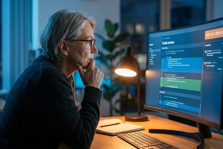Senior engineer reviewing an AI-generated pull request on a monitor late at night, with a risk-tier label visible near the diff