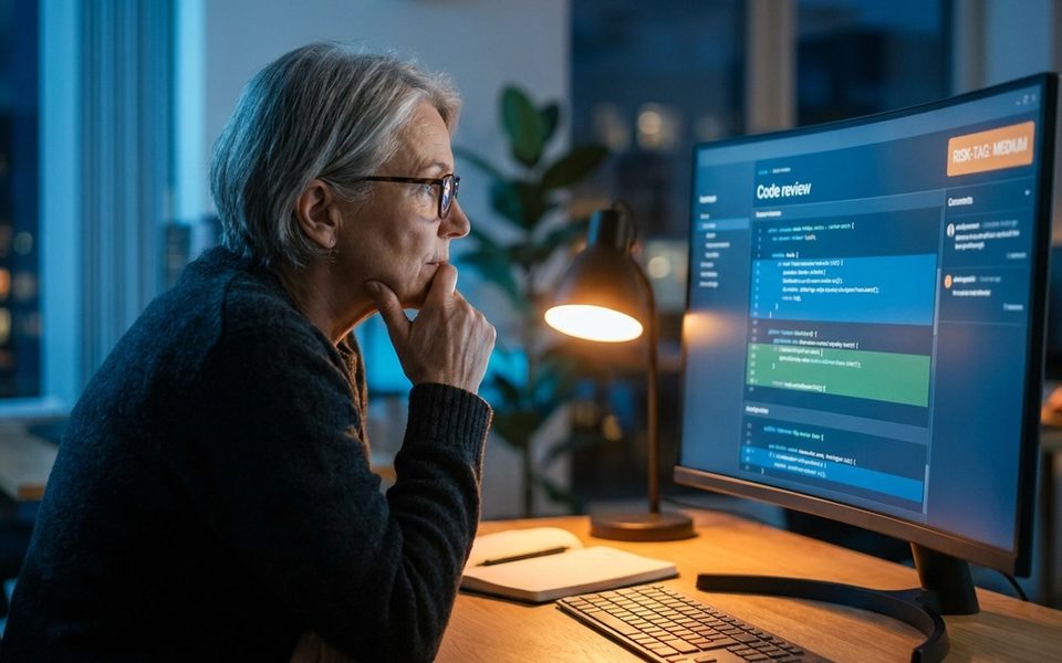Senior engineer reviewing an AI-generated pull request on a monitor late at night, with a risk-tier label visible near the diff