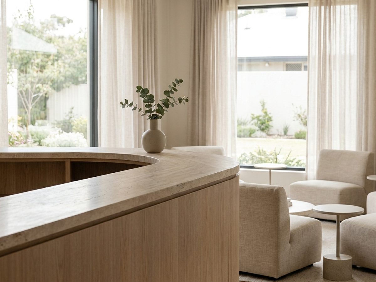 Modern medical spa reception desk in soft daylight, empty waiting chairs, no logos or readable screens.