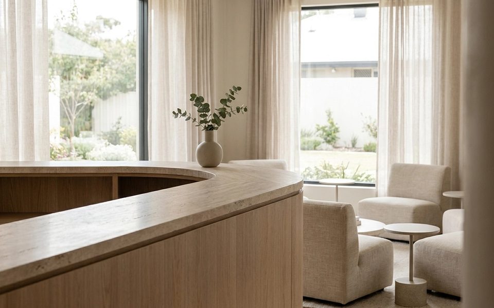 Modern medical spa reception desk in soft daylight, empty waiting chairs, no logos or readable screens.