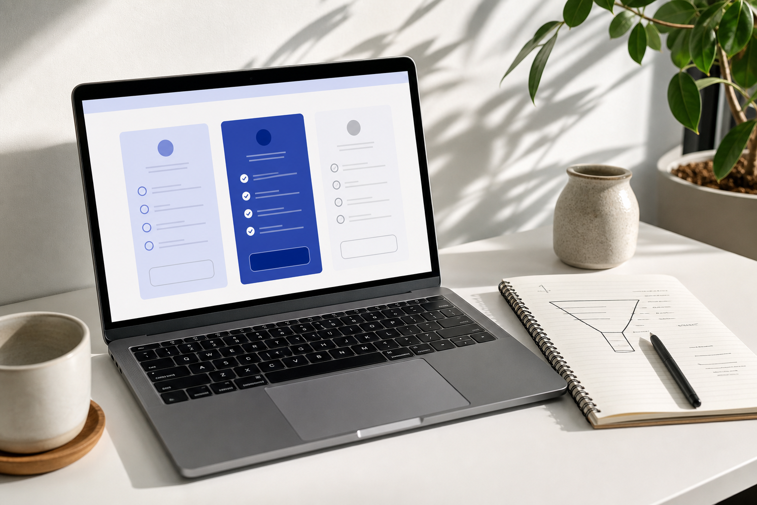 Laptop showing abstract SaaS pricing cards and a notebook with a funnel sketch