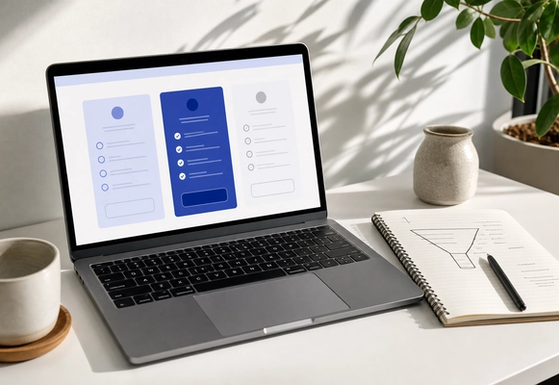 Laptop showing abstract SaaS pricing cards and a notebook with a funnel sketch