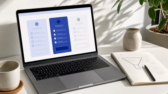 Laptop showing abstract SaaS pricing cards and a notebook with a funnel sketch