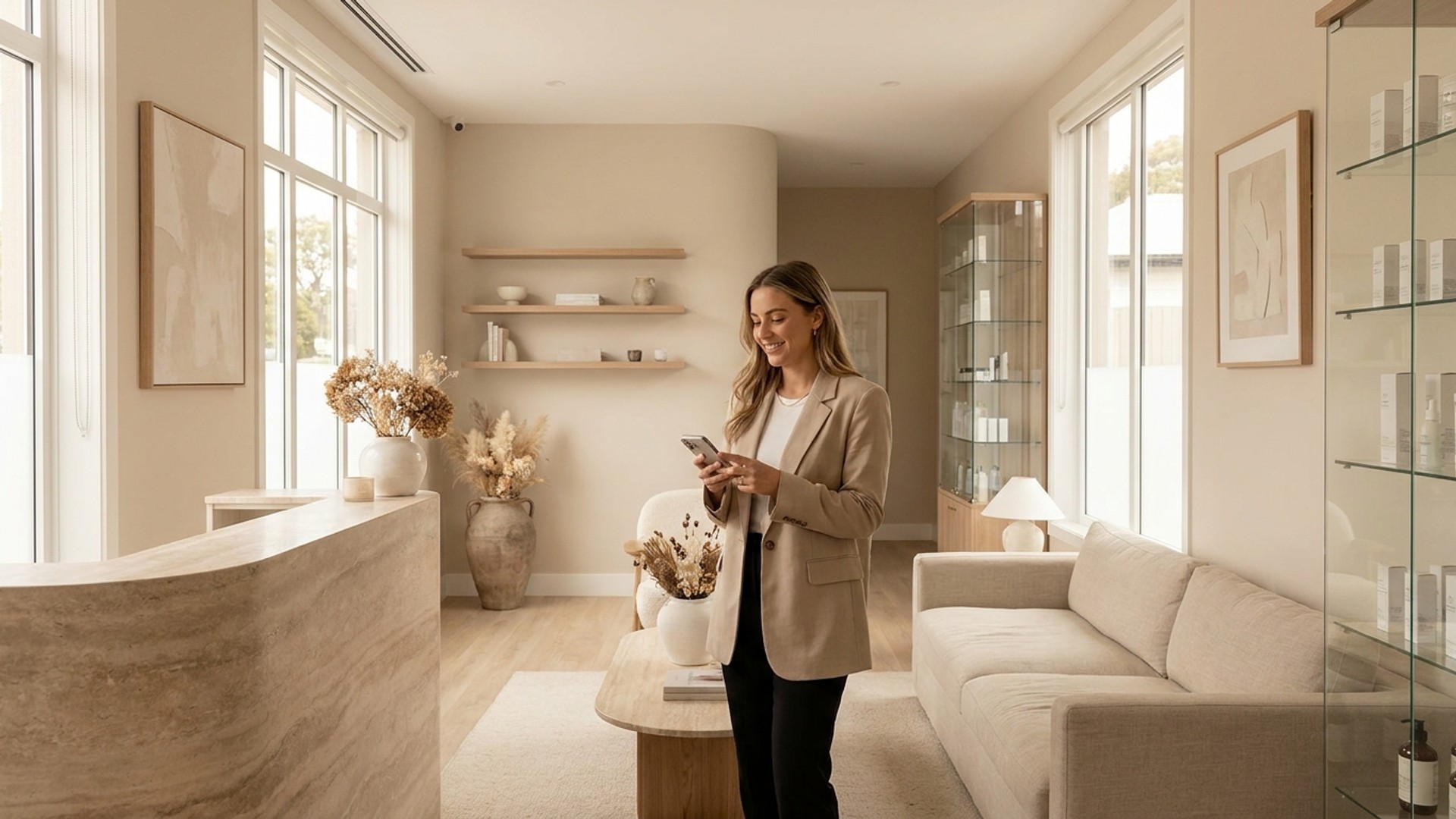 Bright aesthetic clinic reception with a visitor using a smartphone near the front desk