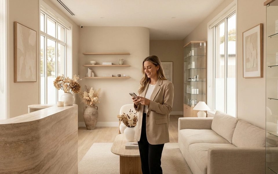 Bright aesthetic clinic reception with a visitor using a smartphone near the front desk