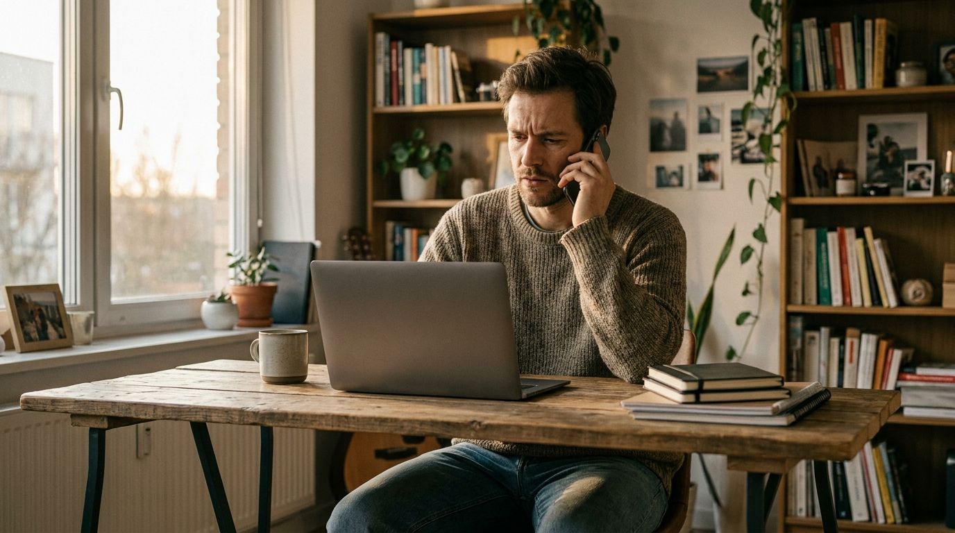 Founder at a laptop in a small office, checking a phone after a payment notification, warm daylight, no readable screens.