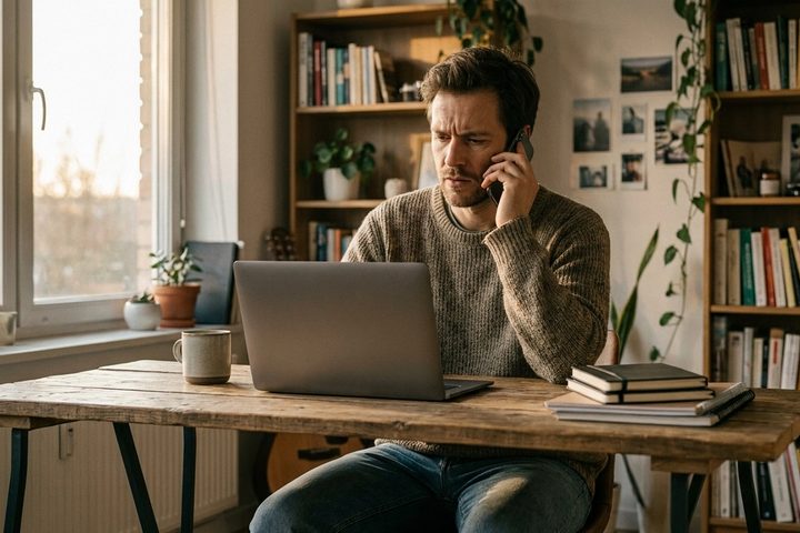 Founder at a laptop in a small office, checking a phone after a payment notification, warm daylight, no readable screens.