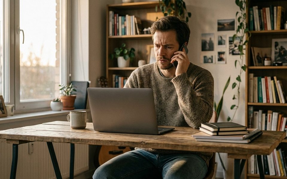 Founder at a laptop in a small office, checking a phone after a payment notification, warm daylight, no readable screens.