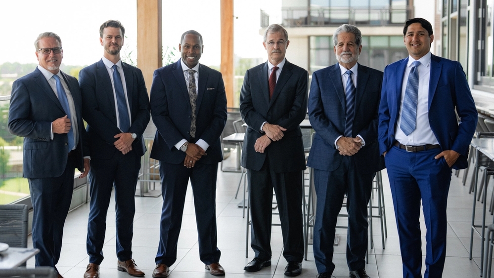 Six men in professional business suits stand in a row and smile on an outdoor covered patio.