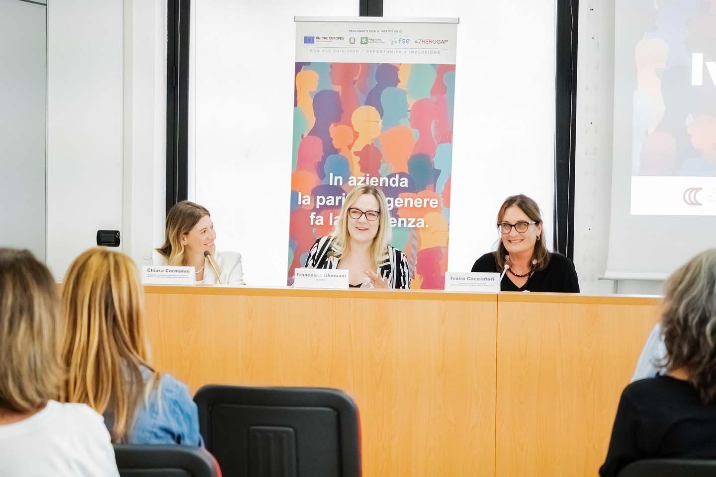 Chiara Cormanni, Francesca Ghezzani e Ivana Cacciatori discorso evento parità di genere