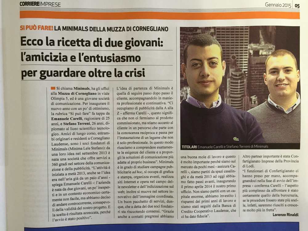 Articolo corriere imprese parla del successo di Minimals