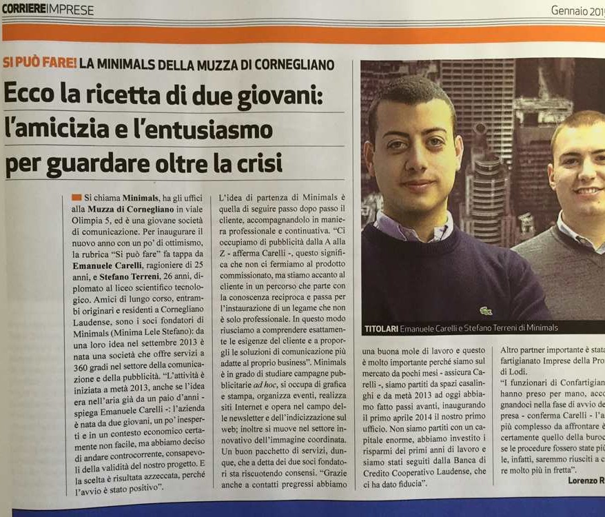 Articolo corriere imprese parla del successo di Minimals