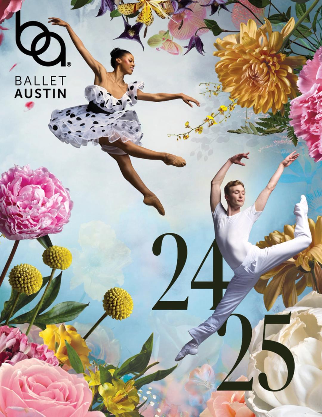 Book cover design for Ballet Austin featuring dancers and macro floral imagery