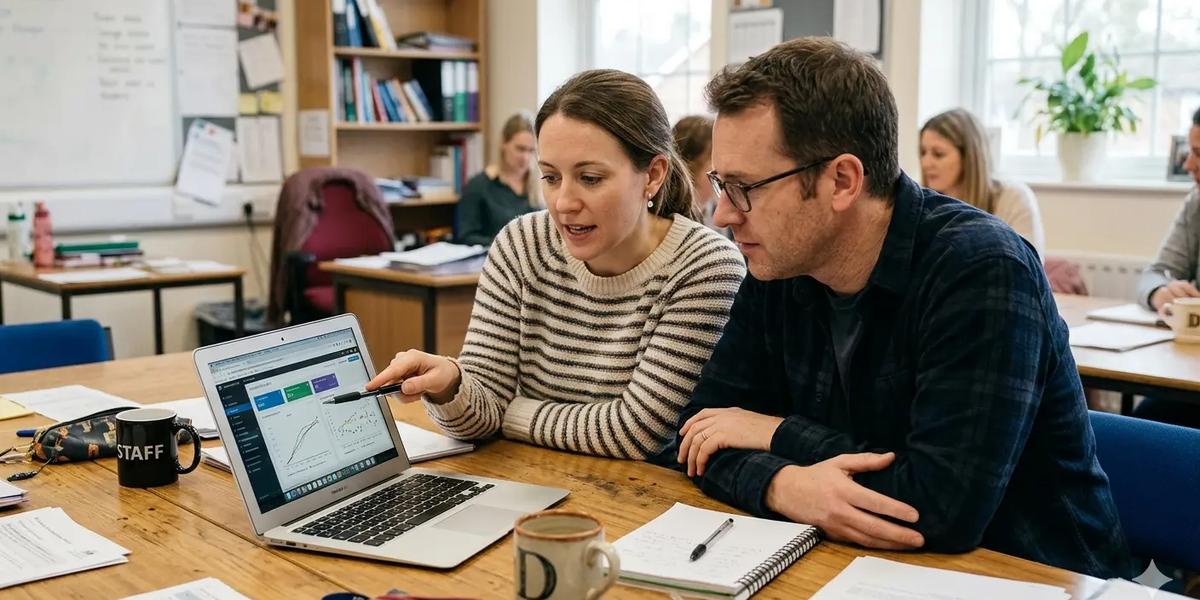 Zwei Lehrkräfte vergleichen verschiedene KI-Tools auf einem Laptop im Klassenraum