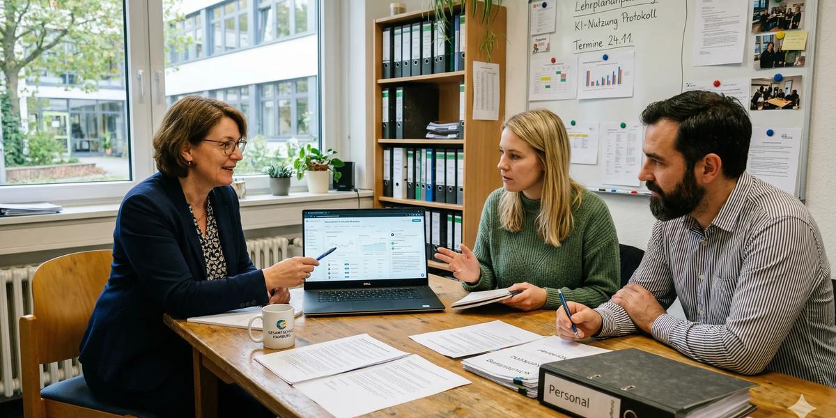  Eine Schulleitung und zwei Lehrkräfte besprechen gemeinsam eine KI-Plattform für Schulen auf einem Laptop in einem Besprechungsraum.