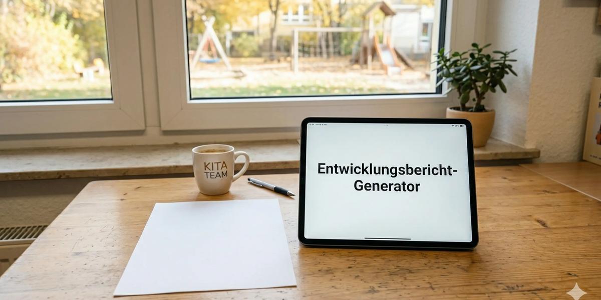 In einer Kita liegen ein Blatt und ein iPad nebeneinander. Es wird ein Entwicklungsbericht geschrieben.