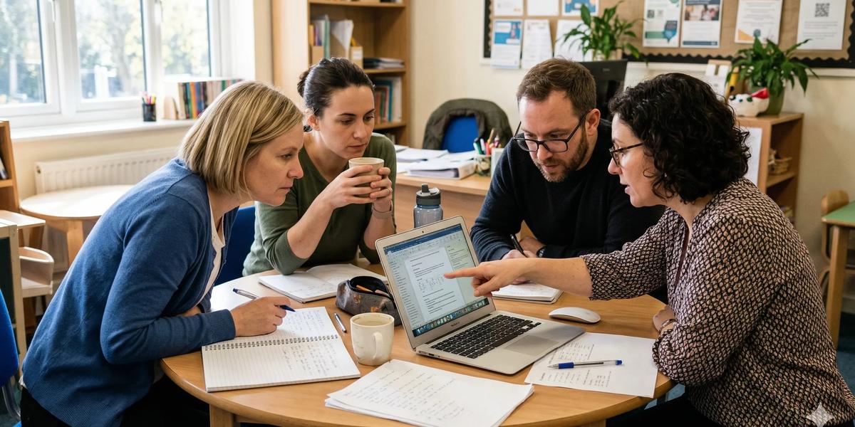 Pädagogenteam bespricht gemeinsam den Einsatz von KI-Tools im Kontext des EU AI Act Artikel 4.