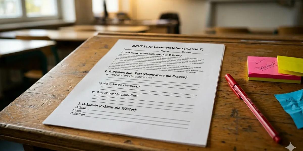 Frisch gedrucktes Arbeitsblatt auf einem Schultisch mit rotem Stift und Haftnotizen