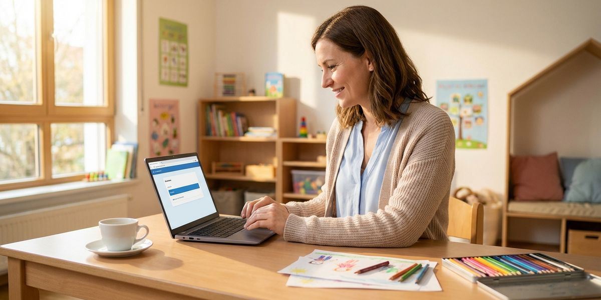 Pädagogische Fachkraft nutzt KI-Tools am Laptop in einer hellen Bildungseinrichtung