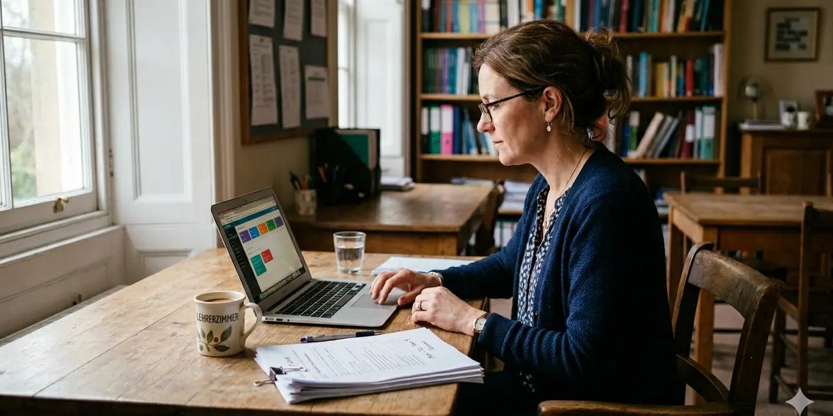 Lehrerin absolviert eine kostenlose KI-Fortbildung am Laptop im Lehrerzimmer