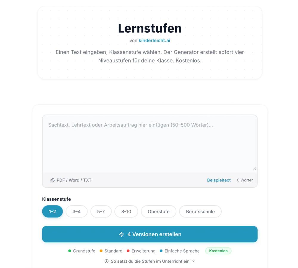 Der Lernstufen-Generator von kinderleicht.ai: Text eingeben, Klassenstufe wählen, vier Niveaustufen erhalten
