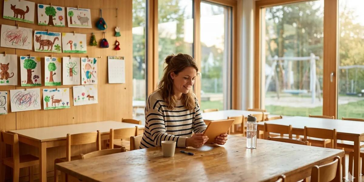 Pädagogische Fachkraft arbeitet nach Dienstschluss mit einem Tablet in der Kita