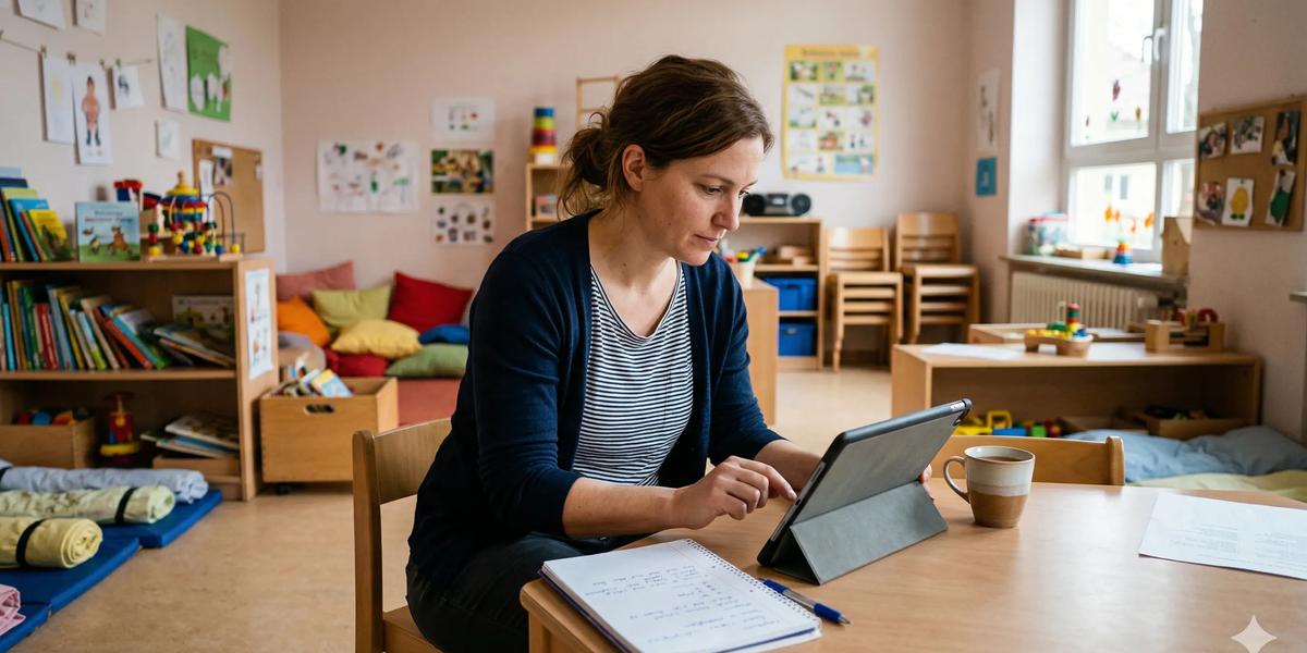 Eine Erzieherin arbeitet konzentriert mit einem KI-Tool auf ihrem Tablet in einem ruhigen Gruppenraum einer Kita.