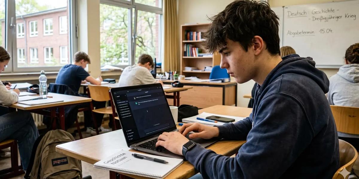 Ein Schüler gibt seine Hausaufgaben im Unterricht in ChatGPT ein.