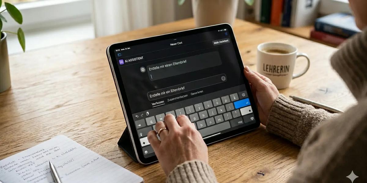 Eine Lehrerin schreibt einen Prompt für die Elternkommunikation auf ein iPad.