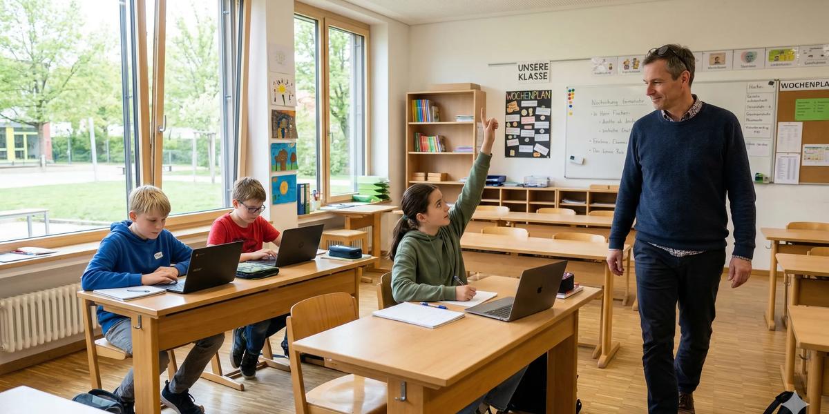 Lehrkraft im Klassenzimmer, die mit Schülerinnen und Schülern über KI im Unterricht spricht