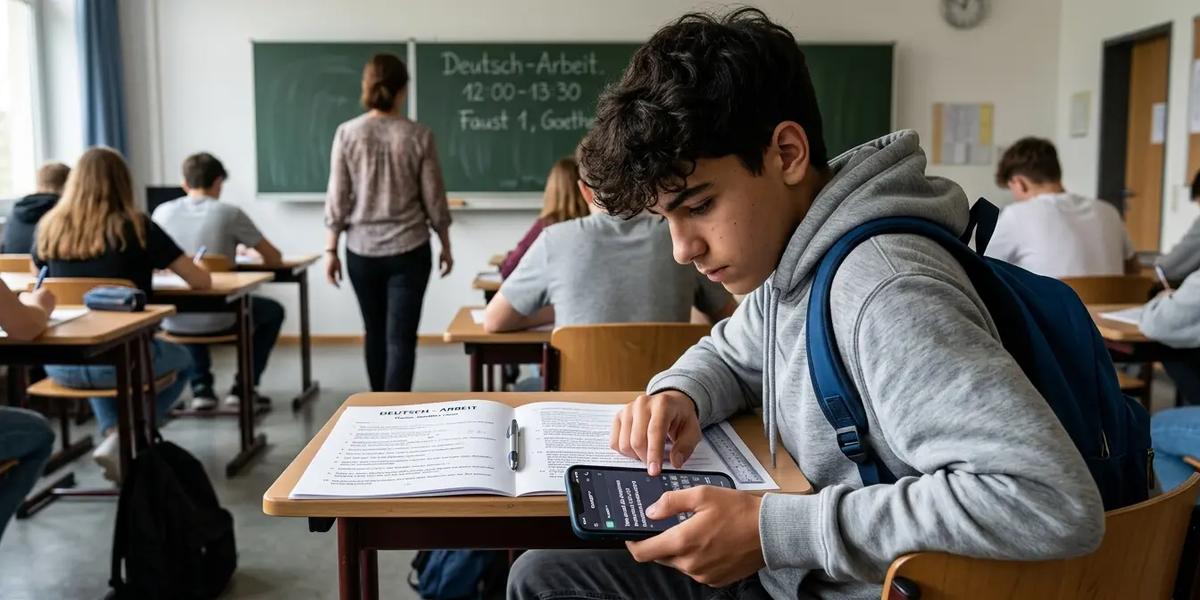 Ein Schüler schummelt in einer Klassenarbeit und gibt die Frage bei ChatGPT ein.