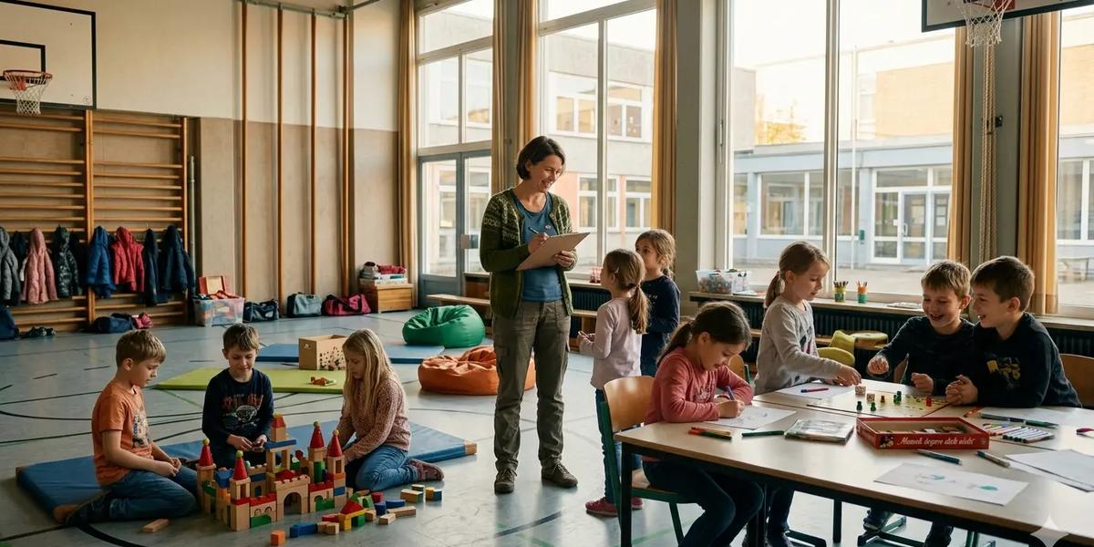 Kinder in der Nachmittagsbetreuung der GBS beim Spielen und Basteln, begleitet von einer Betreuerin