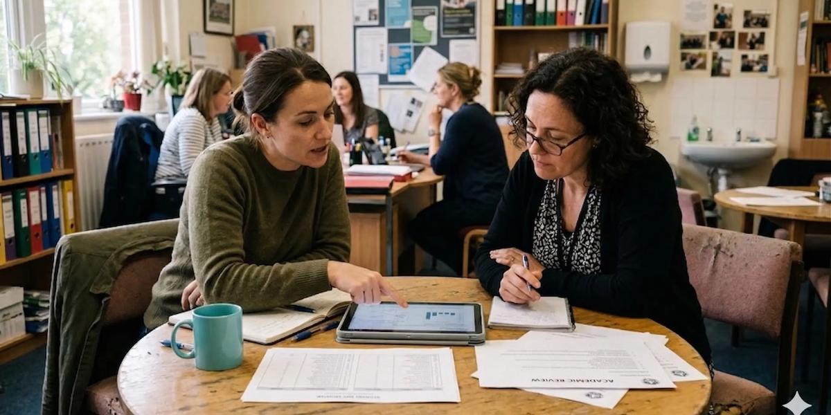Zwei Lehrkräfte sitzen in einem Lehrerzimmer und besprechen anhand eines Tablets, welche KI-Kompetenzen für ihren Schulalltag relevant sind.