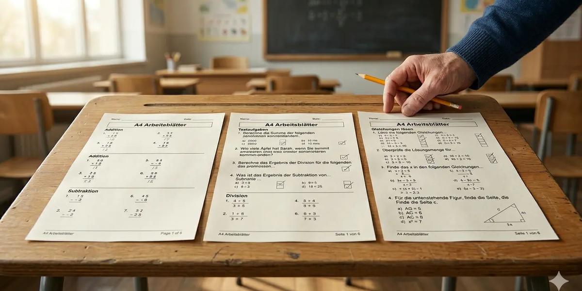 Drei differenzierte Arbeitsblätter zum selben Thema liegen nebeneinander auf einem Schultisch