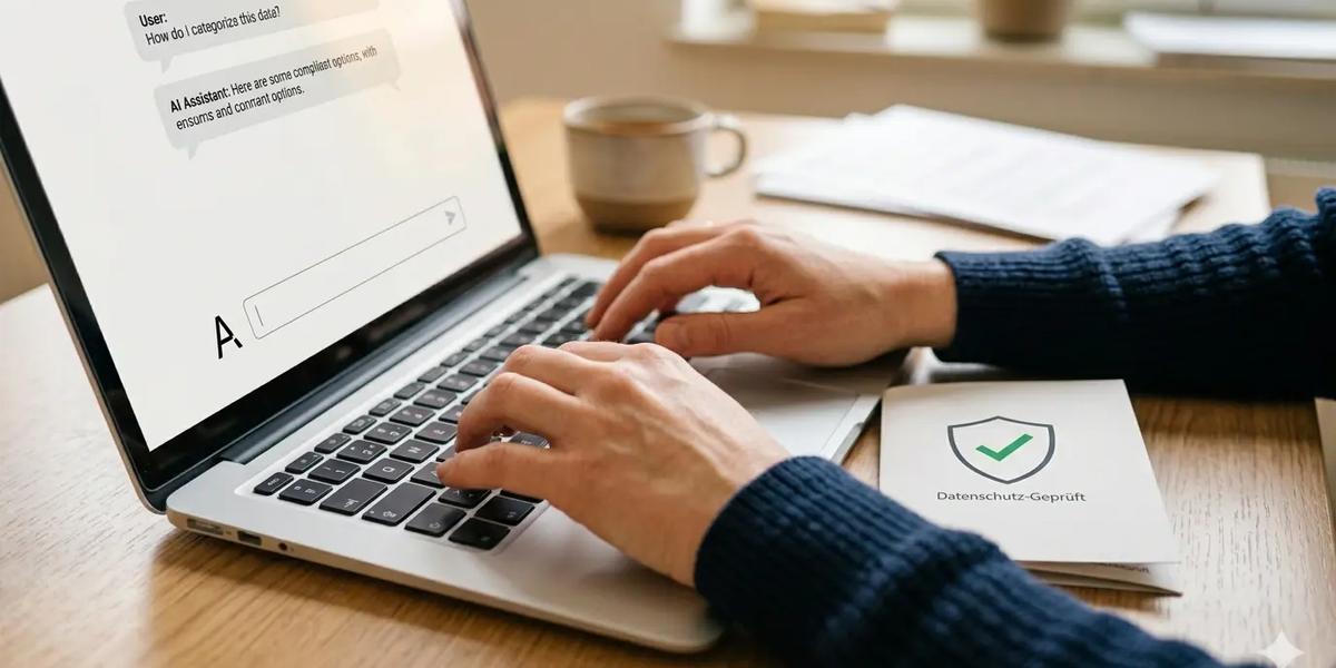 Lehrerin tippt auf Laptop, im Vordergrund ein Datenschutz-Badge mit Schild-Symbol auf dem Schreibtisch