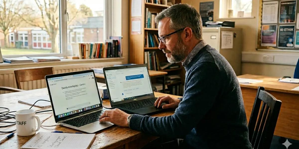 Lehrkraft arbeitet mit Laptop im Klassenzimmer, daneben Symbole für macOS, Windows und KI.