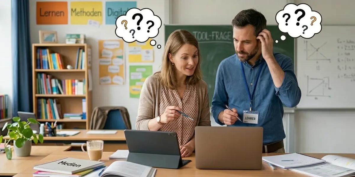 Eine Lehrerin und ein Lehrer fragen sich, welches Tool sie am besten benutzen sollen.