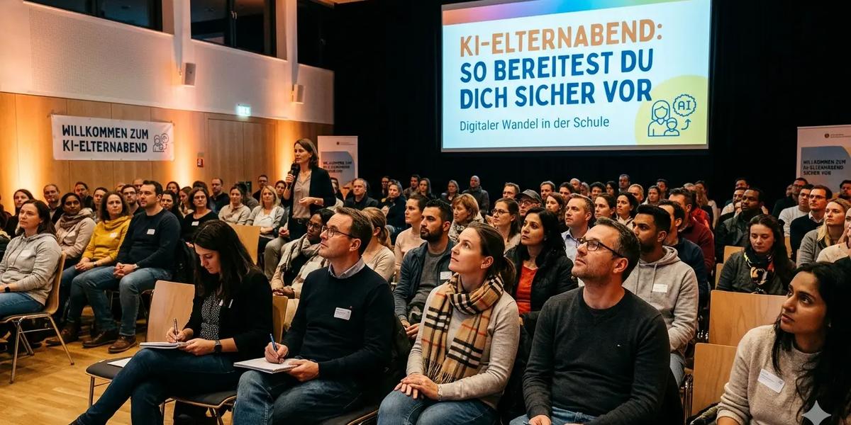 Die Eltern sitzen gespannt bei einem KI-Elternabend, während die Lehrerin die wichtigsten Dinge erklärt.