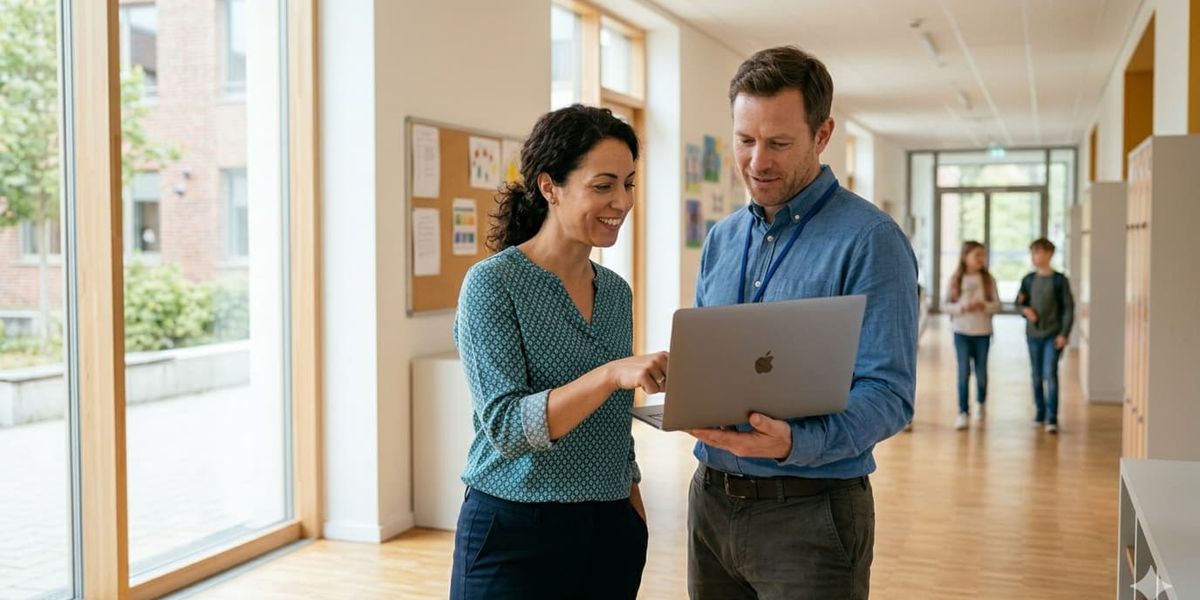 Lehrerin mit Tablet im Klassenzimmer – KI im Schulalltag sinnvoll einsetzen
