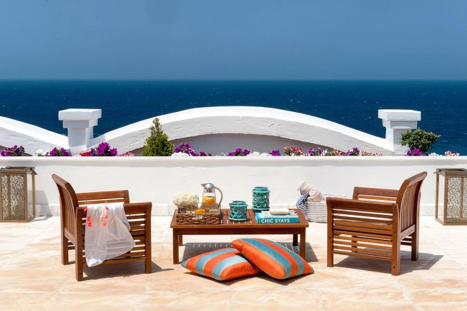 Terrasse med havudsigt på Mitsis Grand Hotel, Rhodos by