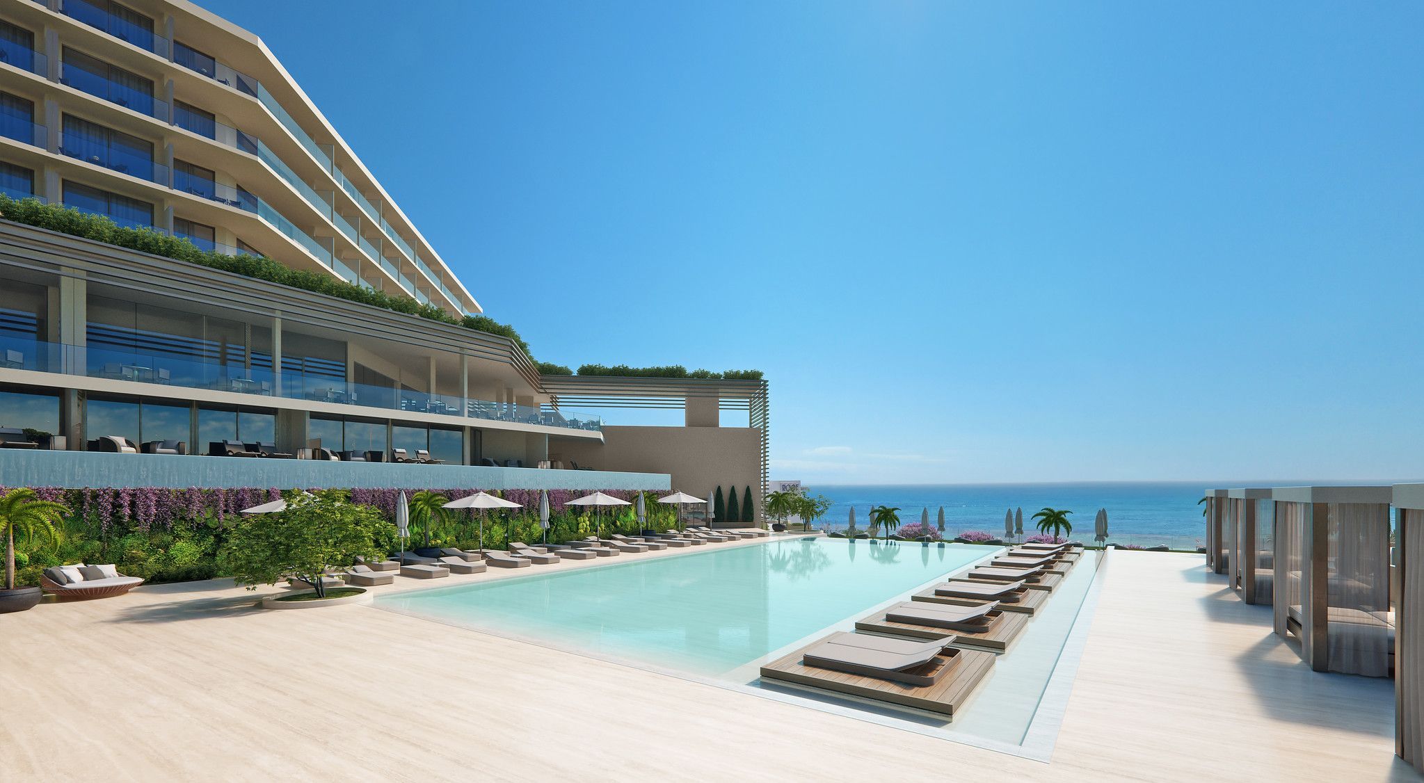 Pool och soldäck med underbar havsutsikt på Amarande Adults Only, Ayia Napa