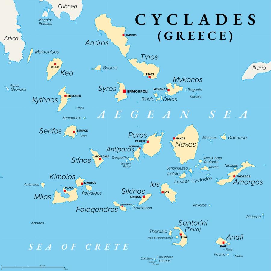 Karta över ögruppen Kykladerna i Grekland