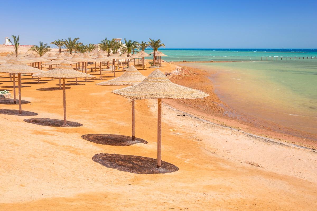 Gyllene sandstrand med palmer och parasoller i Hurghada