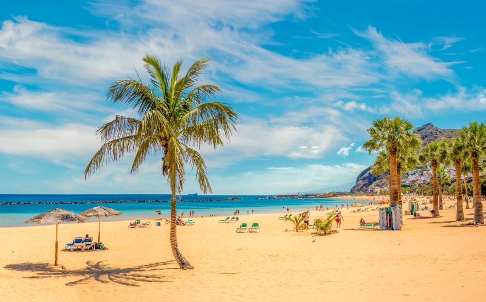 En klassisk bild söderut med kilometerlånga stränder av finkornig sand, bad i solsken och spridda palmer längs stranden. Här är bilden från Teneriffa på Kanarieöarna