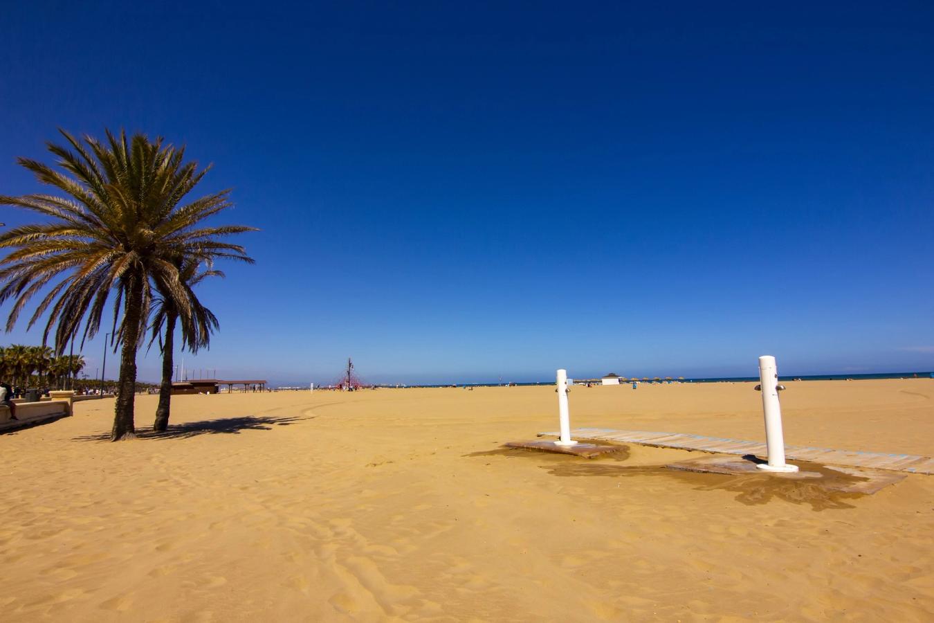 Bilden visar den breda stadsstranden Playa de la Malvarrosa i Valencia. Med enstaka palmer och under en molnfri blå himmel.